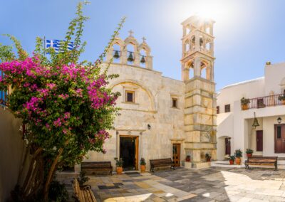 A church in the central square of the village of Ano Mera in Mykonos